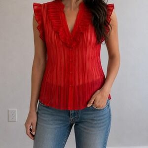 Rickis Sheer Cherry Red Striped Blouse Y2K Ruffle Women‎ 6 Coquette Whimsygoth